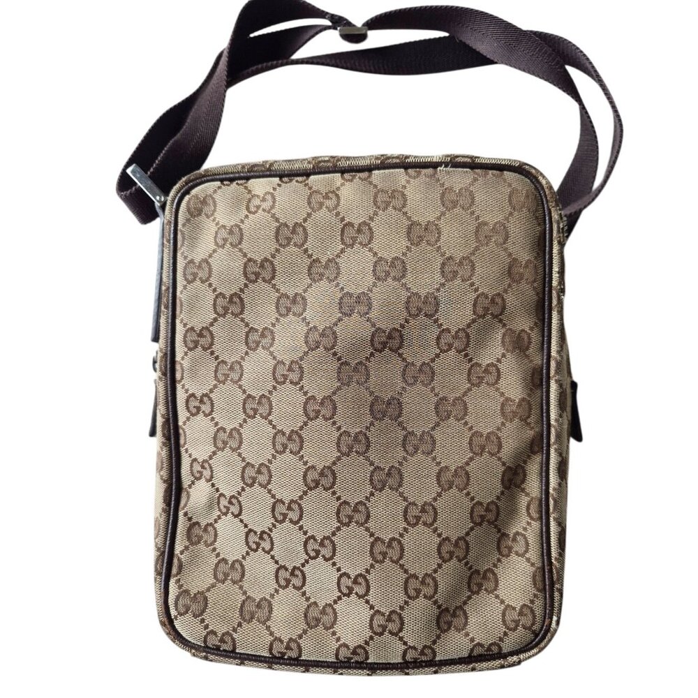 GUCCI Original GG Pattern Canvas Crossbody Camera Bag Classic Leather Trim - Picture 3 of 16